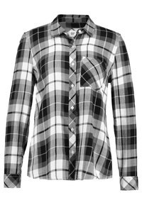 Black and white plaid button-up shirt with long sleeves, a front pocket, and a classic collar. Made of soft fabric with a slightly textured surface.