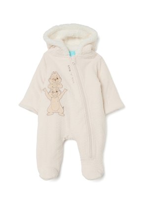 Pijama de forro polar beige claro con cierre de cremallera y capucha. En la parte frontal presenta un gráfico bordado de Chip 'n' Dale en marrón. Tejido texturizado.