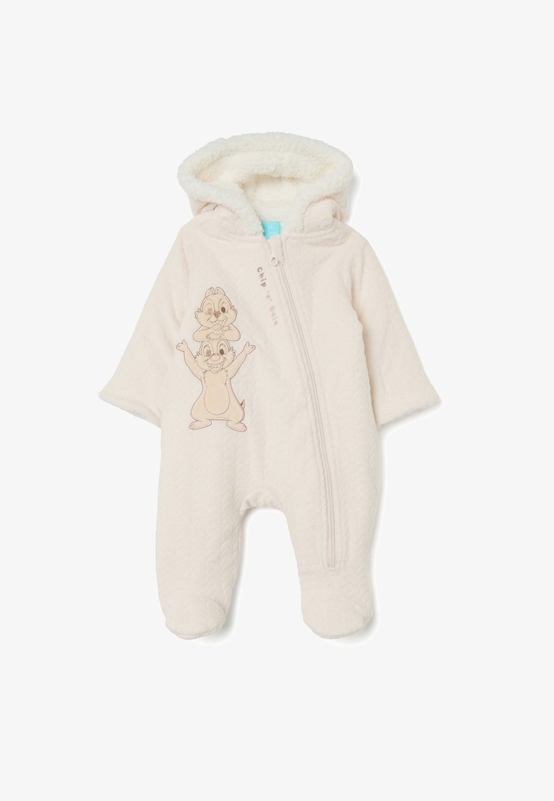Lichtbeige fleece romper met een ritssluiting en een kap. Voorkant toont een geborduurd Chip 'n' Dale-graphic in het bruin. Textuurstof.