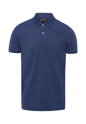 Granatowy polo z krótkim rękawem, z prążkowanym kołnierzykiem i mankietami, dwoma białymi guzikami pod kołnierzykiem oraz markową metką wewnątrz kołnierza.