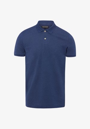 Marineblauw poloshirt met korte mouwen, geribde kraag en manchetten, twee witte knopen onder de kraag en een merklabel aan de binnenkant van de kraag.