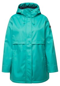 Turkos vattentät jacka med huva, framknäppning och två sidofickor. Har en slät, glansig yta och justerbara dragsko.