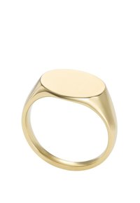 Bague sigillaire en or poli lisse avec un dessus ovale plat et un large bandeau solide.