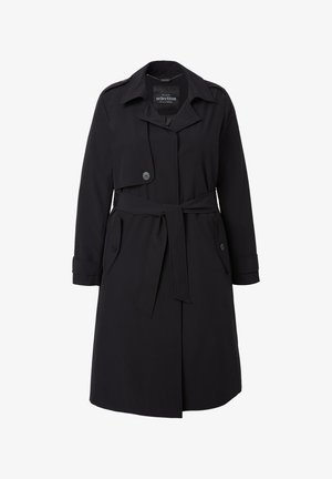 Manteau trench-coat long noir avec ceinture, rabat d'épaule boutonné, poches latérales et brides aux poignets, col rabatté.