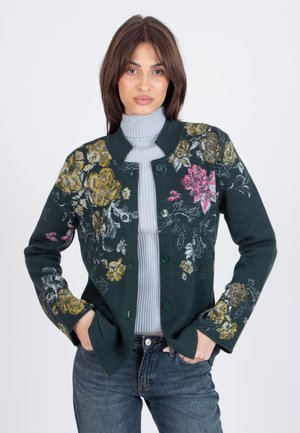 Cardigan lavorato a maglia di colore verde scuro con motivi floreali in rosa e giallo. Presenta scollo rotondo, chiusura con bottoni e polsini a coste.