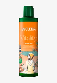 Grön plastflaska med Weleda Vitality Duschkräm. Orange etikett med vit text, illustrationer av havtorn och en strandscen. 400ml.
