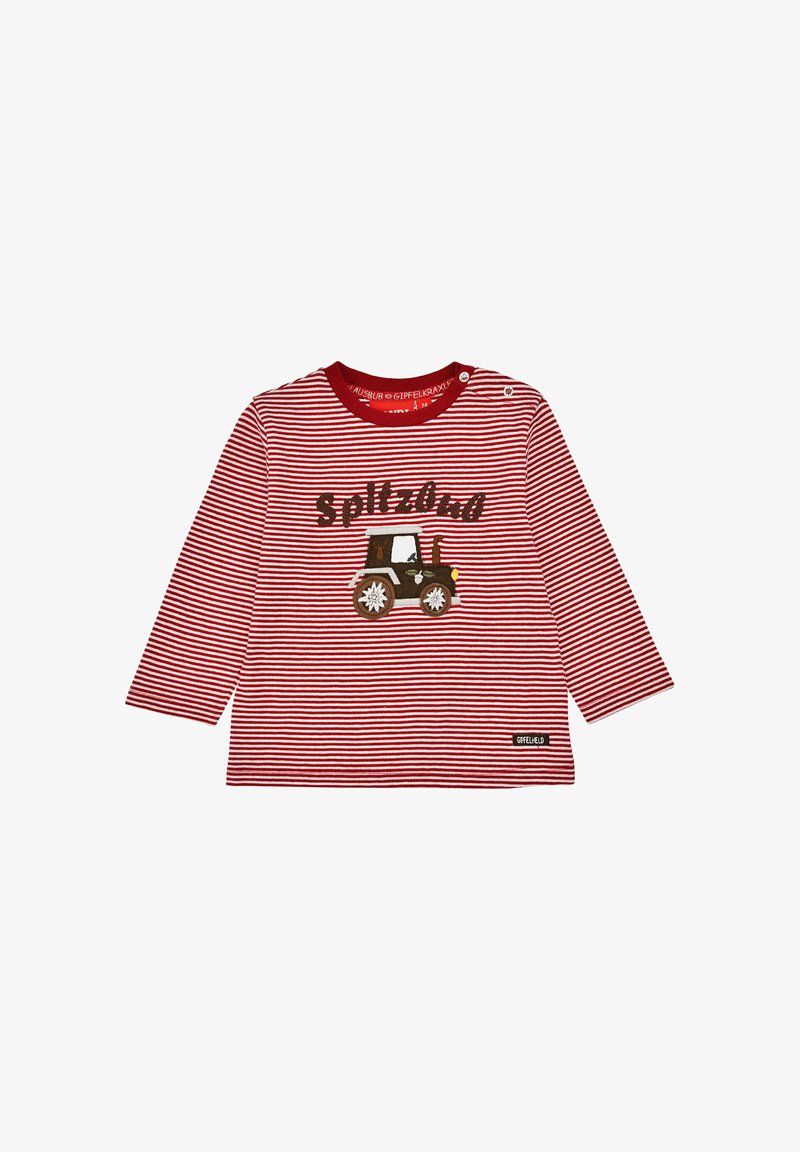 Rot-weiß gestreiftes Langarmshirt mit gesticktem Traktor-Design und "spitzlud"-Text; Baumwollmaterial, runder Halsausschnitt, seitlicher Druckknopfverschluss.