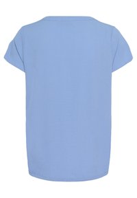 Hellblauer Kurzarmtop aus weichem Stoff. Hat einen einfachen runden Ausschnitt und einen lockeren Schnitt mit geradem Saum.