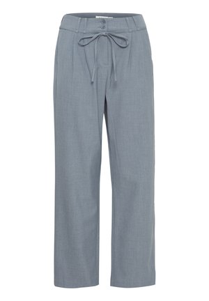 Világosszürke, bő szárú nadrág, puha anyagból, texturált felülettel; két gomb és megkötős derék a megfelelő beállításhoz.