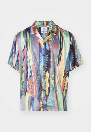 Short-sleeve button-up shirt featuring a vibrant multicolored abstract pattern with wavy lines on a lightweight fabric. Black buttons and shirt collar.