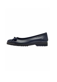 Ballerine in pelle di color blu navy con un piccolo dettaglio a fiocco, punta arrotondata e suola testurizzata con tacco basso.