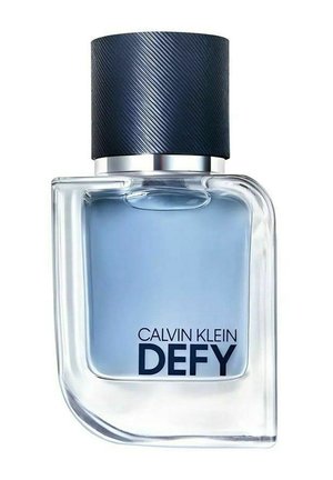 Kirkas lasinen hajuvesipullo, jossa vaaleansininen neste, tummansininen kuvioitu korkki ja "Calvin Klein DEFY" painettuna etupuolelle.