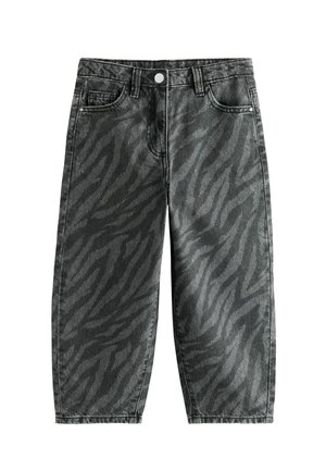 Schwarz- und graue weiter Jeans mit Zebra-Print-Muster, vorderem Knopfverschluss und fünf Taschen-Design auf weißem Hintergrund.
