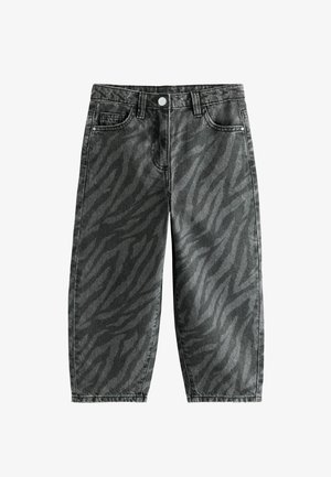Svarta och grå vida jeans med zebraprintmönster, framknäppning och femficksdesign på vit bakgrund.