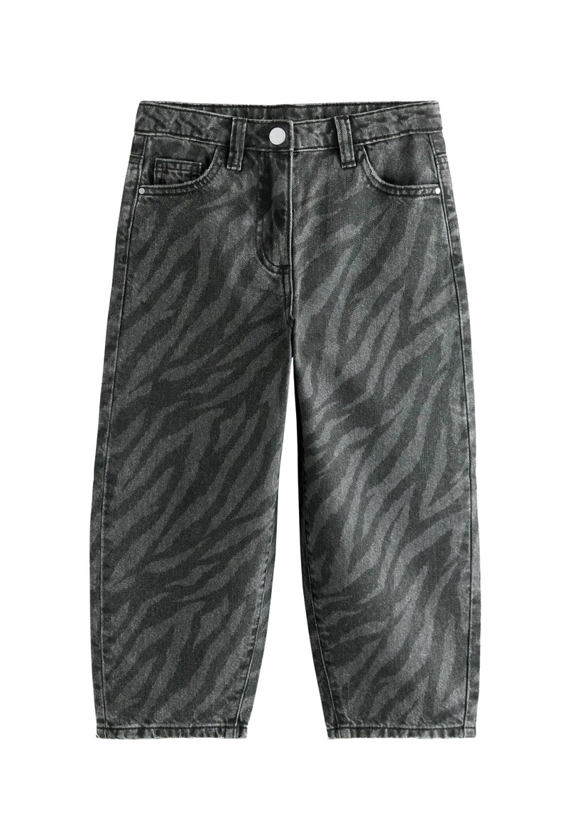 Czarno-szare dżinsy w stylu wide-leg z wzorem w zebry, z przodem na guzik i pięcioma kieszeniami na białym tle.
