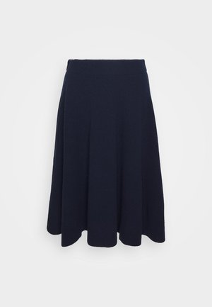 Knee-length navy blue A-line skirt with a fitted waistband and subtle flare on a plain background.