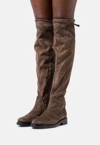 Botas de ante marrón por encima de la rodilla con un eje ancho, cremallera lateral y un bajo tacón de goma negro. Textura suave con acentos mínimos.