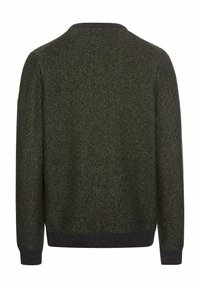 Green textured sweater, featuring a crew neckline, long sleeves, and ribbed hems. The fabric shows a subtle pattern with dark accents.