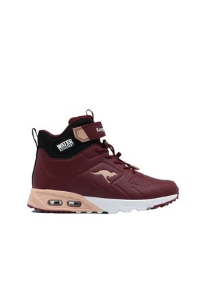 Burgundy and beige high-top sneaker with black ankle collar, kangaroo logo, lace-up front, Velcro strap, and water-resistant label.