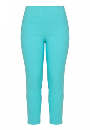 Pantalon turquoise taille haute, coupe slim, raccourci, avec des détails de surpiqûres le long des coutures latérales et à l’avant.