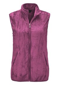 Fleece-Weste in tiefem Pink mit hohem Kragen, durchgehendem Reißverschluss und Seitentaschen. Der Stoff hat eine weiche, strukturierte Oberfläche.
