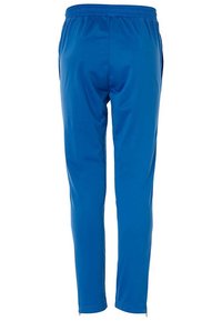 Blaue Sporthosen mit glatter Textur, elastischem Bund, schmaler Passform und schrägen Seitentaschen, ohne sichtbare Muster oder Beschläge.