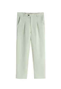 Pantalons droit gris clair avec passants de ceinture, fermeture bouton et zip à l'avant, et poches latérales.