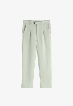 Pantalons droit gris clair avec passants de ceinture, fermeture bouton et zip à l'avant, et poches latérales.