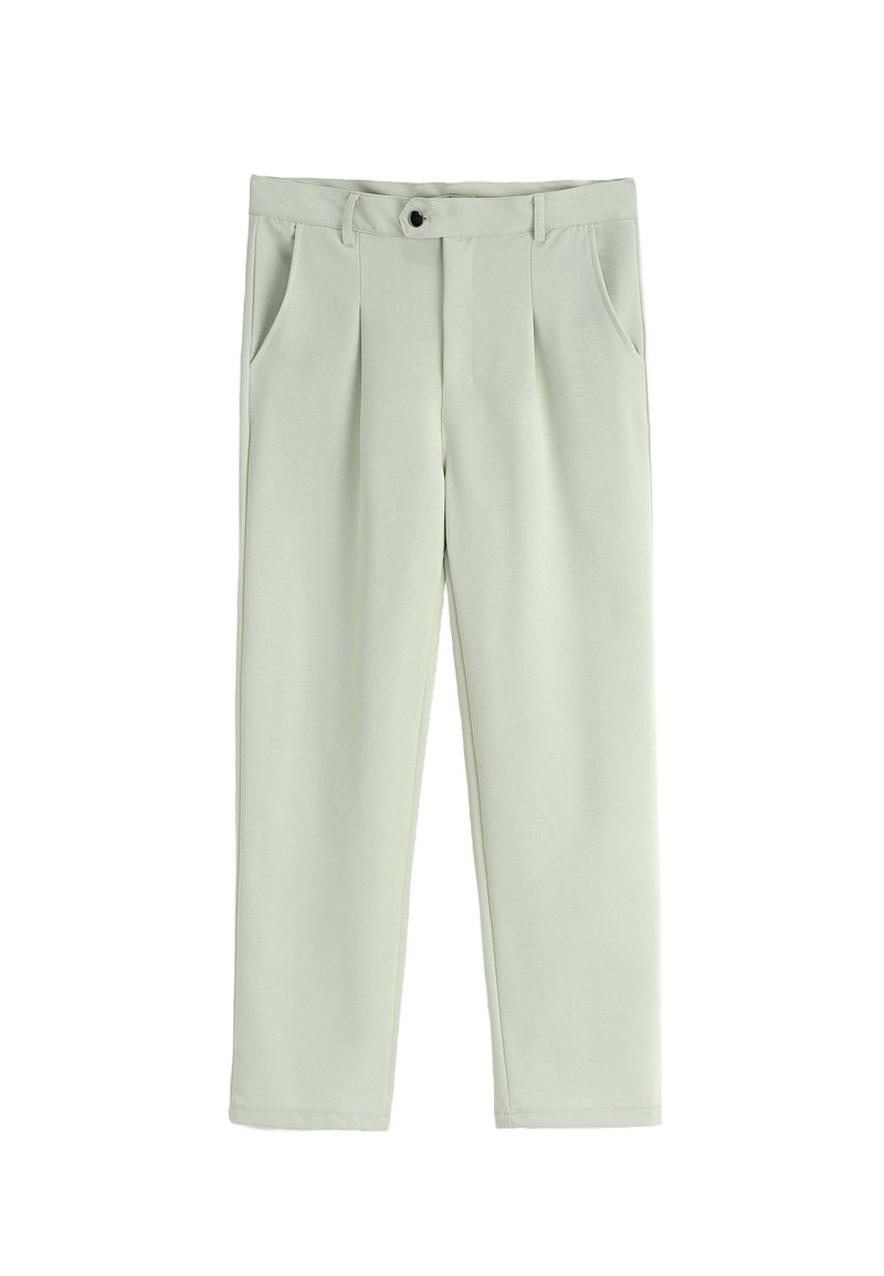 Pantalons droit gris clair avec passants de ceinture, fermeture bouton et zip à l'avant, et poches latérales.