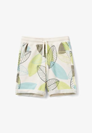 Lysfarvede shorts med opkorte kanter, grønne, blå og grå bladmønstre, elastisk taljebånd og snøre foran.