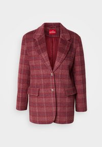 Red plaid blazer with a notched collar, two front pockets, and double-button closure. Made from textured wool blend fabric.