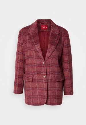 Piros kockás blézer, íves gallérral, két elülső zsebbel és dupla gombos zárással. Texturált gyapjú keverék szövetből készült.