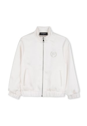 Witte jas met ritssluiting, opstaande kraag, elastische manchetten en zoom, zijzakken en een subtiel logo met lauwerkrans op de linkerborst.