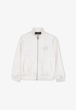 Witte jas met ritssluiting, opstaande kraag, elastische manchetten en zoom, zijzakken en een subtiel logo met lauwerkrans op de linkerborst.