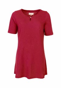 Short-sleeve tunic in deep red, made of soft fabric with a slight texture. Features a V-neckline and a small front button detail.