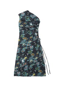 One-shoulder dress made of ruched, patterned fabric in dark hues featuring illustrations of marine life and natural elements. Ties at the side.