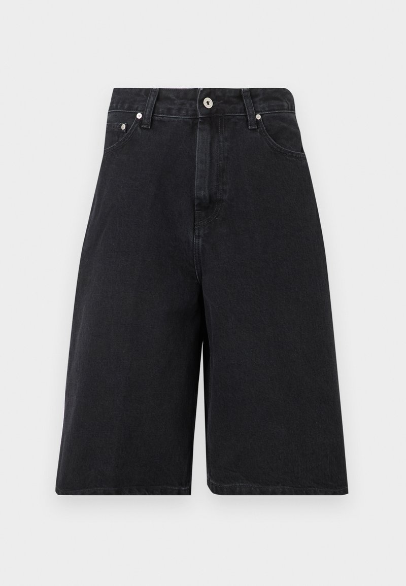 Black denim knee-length shorts with front button, belt loops, and side and coin pockets, displayed on a plain light background.