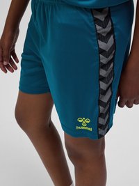 Gros plan d'une personne portant un short de sport turquoise avec une bande chevron noire et grise et un logo Hummel jaune sur la jambe gauche.