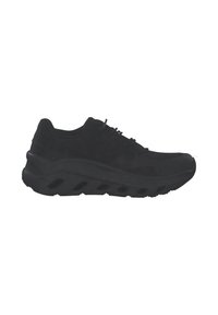 Chaussure de sport noire avec une tige en mesh, bout rond et semelle épaisse présentant un motif en vagues. Conception à lacets avec œillets renforcés.