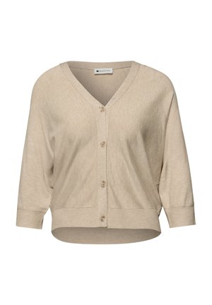 Cardigan court beige avec col en V, boutons sur le devant, manches trois-quarts, avec poignets et ourlet côtelés.