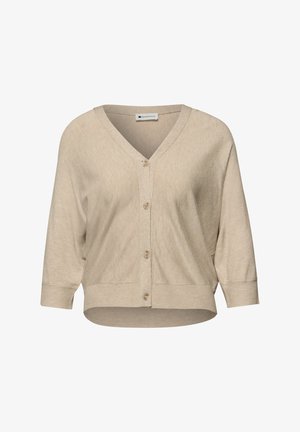 Beige cropped cardigan med V-hals, knapper foran, trekvartlange ærmer og ribstrikkede manchetter og kant.