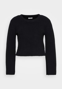 Schwarzer gestrickter Pullover mit langen Ärmeln, gerippter Struktur und Rundhalsausschnitt. Verfügt über einen kurzen Saum und minimalistische Details.