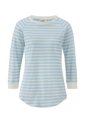 Raitapaita pitkillä hihoilla vaaleansinisessä ja kermanvärisessä. Pehmeä kangas, pyöristetty helma, raglan-hihat sekä kermanvärinen pyöreä kaulus ja hihansuut.