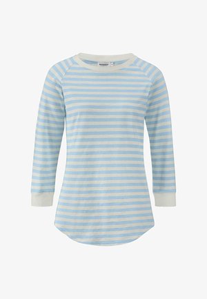 Camisa de manga larga a rayas en azul claro y crema. Tejido suave, dobladillo redondeado, mangas raglán y cuello de barco y puños en crema.