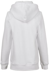 Vit huvtröja med mjuk tyg, långa ärmar, ribbade muddar och nederkant, samt en rymlig huva. Inga designinslag synliga på framsidan.