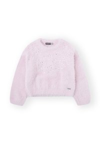 Suéter rosa esponjoso con un escote redondeado, mangas largas y lentejuelas plateadas dispuestas en un patrón en la parte delantera. Textura suave y diseño corto.