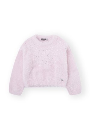 Suéter rosa esponjoso con un escote redondeado, mangas largas y lentejuelas plateadas dispuestas en un patrón en la parte delantera. Textura suave y diseño corto.
