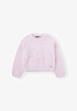 Suéter rosa esponjoso con un escote redondeado, mangas largas y lentejuelas plateadas dispuestas en un patrón en la parte delantera. Textura suave y diseño corto.