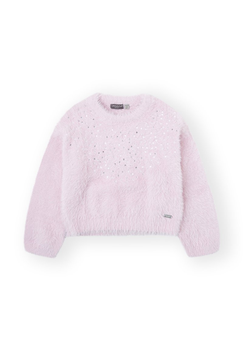 Suéter rosa esponjoso con un escote redondeado, mangas largas y lentejuelas plateadas dispuestas en un patrón en la parte delantera. Textura suave y diseño corto.