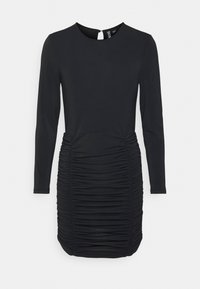 Svart långärmad klänning med en figurnära silhuett, veckat mönster vid midjan och en nyckelhålsstängning på baksidan. Slätt, elastiskt tyg.
